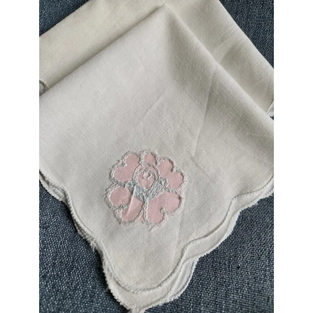 Set of 4 Vintage Hand Embroidered Napkins Handkerchiefs White Pink Floral